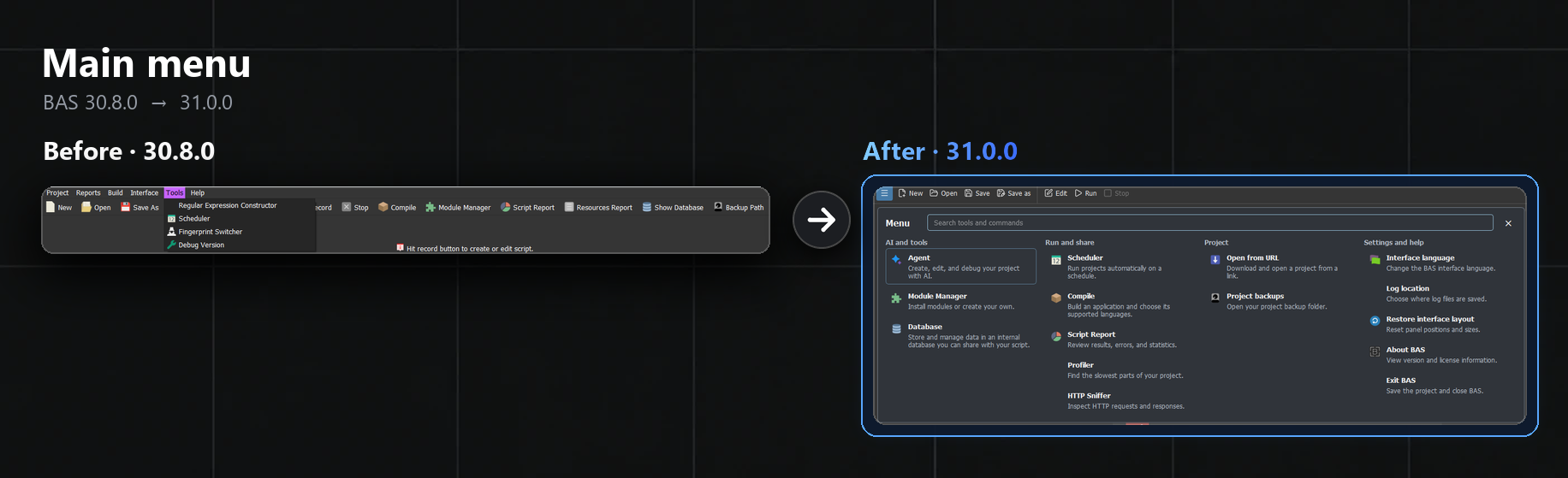 Main menu before and after