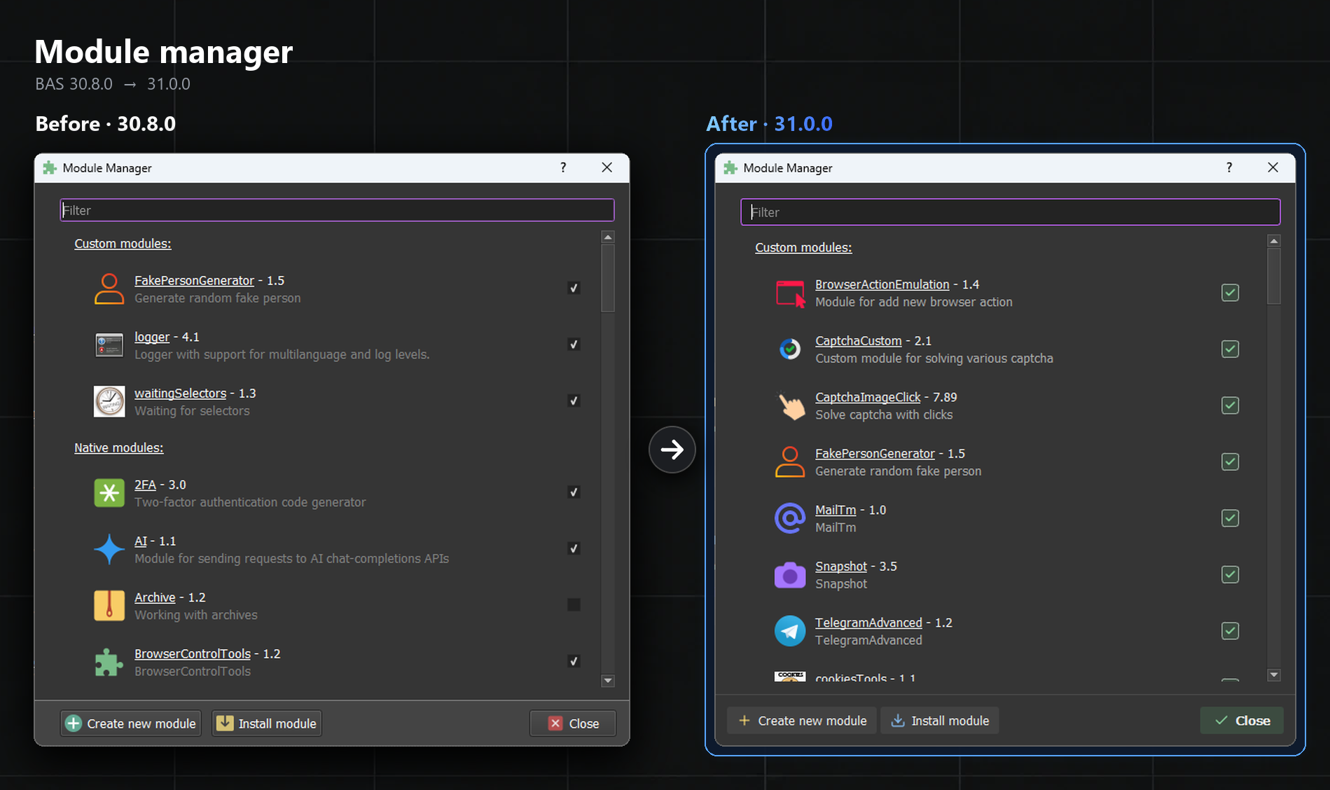 Module manager before and after