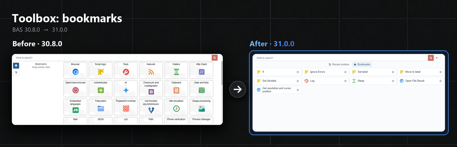 Toolbox bookmarks before and after